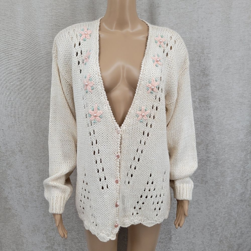 Vintage Hand Knit Cream with Pastel Floral Women's Cardigan Sweater Pointelle